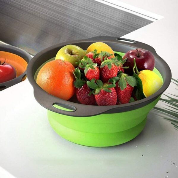 Three-piece set of round, foldable colanders for draining food, vegetables, and fruit in the kitchen - Image 5