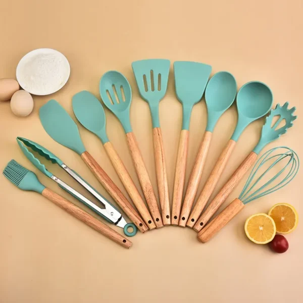 12-piece silicone kitchen utensil set with multiple functions Cooking Utensil Spatula Set with Wooden Handles - Image 4