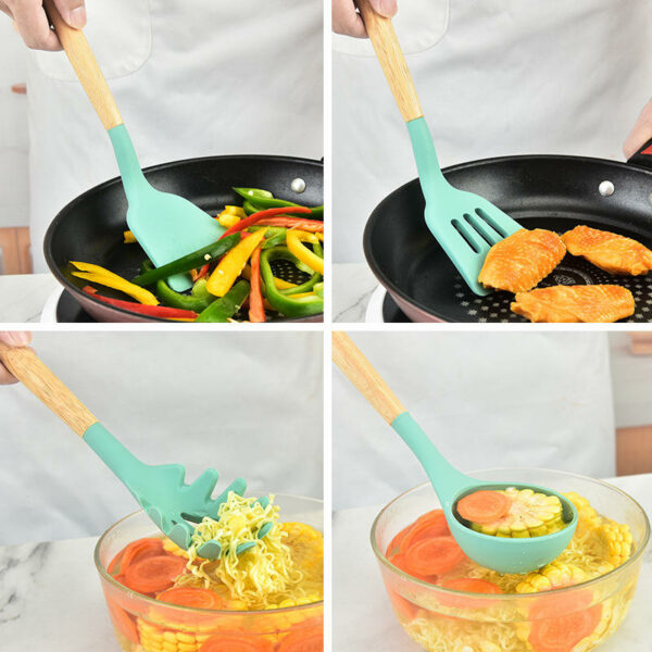 BPA-free nonstick wooden kitchen utensils in a wholesale silicone cooking set with a holder. - Image 6