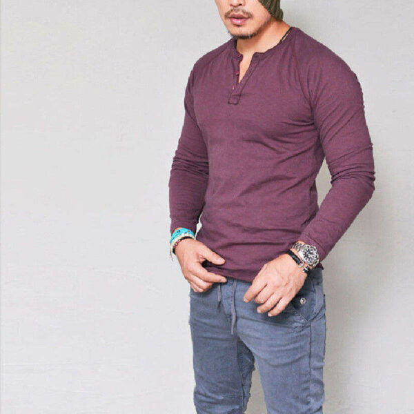 Brand New Discount Bulk Men's Long Sleeve Raglan T-Shirt with Three Buttons Henley Design - Image 3