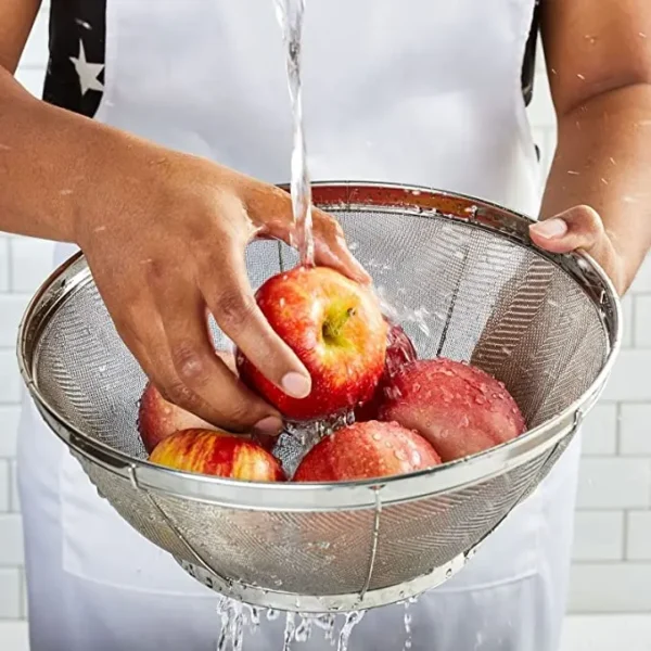 Over sink, stainless steel mesh colander sieve for food, flour, fruit, and vegetable washing with a drain basket strainer