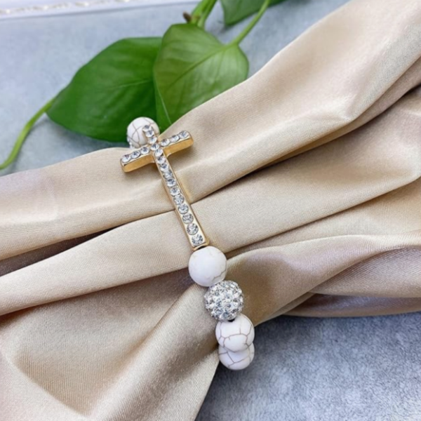 Excellent Women's Elastic Bracelet, White, Irregular Beaded Bracelet with Zircon Inlay Christian Cross Bracelet - Image 6