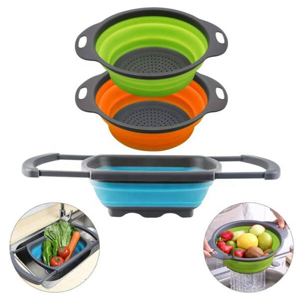 Three-piece set of round, foldable colanders for draining food, vegetables, and fruit in the kitchen - Image 6