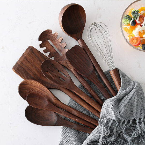 Superior Black Walnut Wooden Cooking Set with Nine Piece Utensils - Image 4