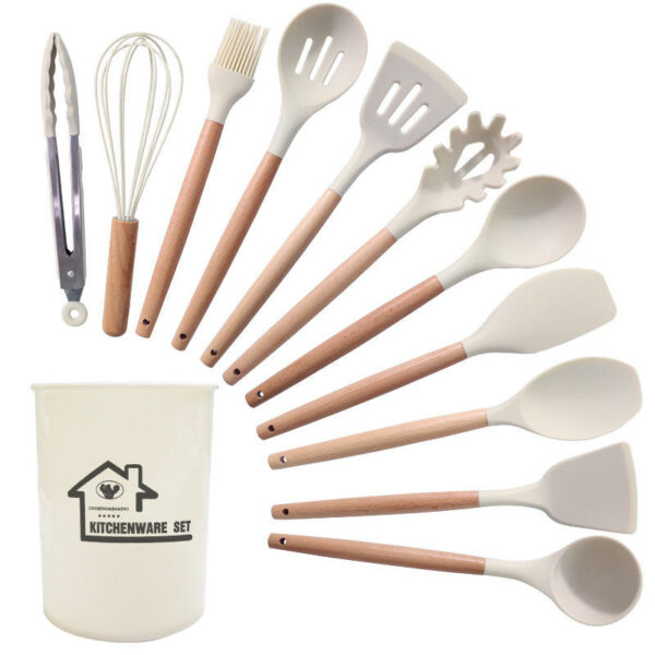 Twelve pieces of silicone kitchen accessories and cooking tools are on sale. Wooden-handled kitchen spatula utensil sets - Image 4