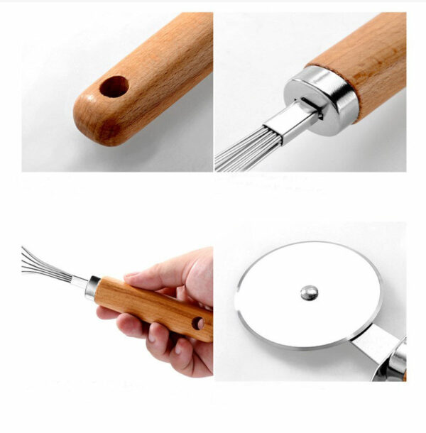 Nine wooden handle baking tools in a set Kitchen tools: pizza cheese cutter, bottle opener, stainless steel whisk, and can opener - Image 3