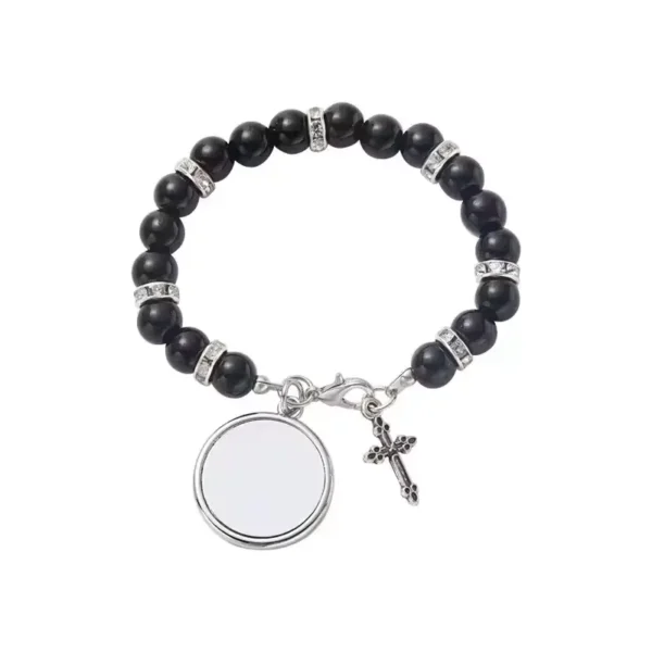 Excellent Christian Bracelet Made of Stainless Steel with Zircon Inlay and White Beads, Elastic for Women - Image 7