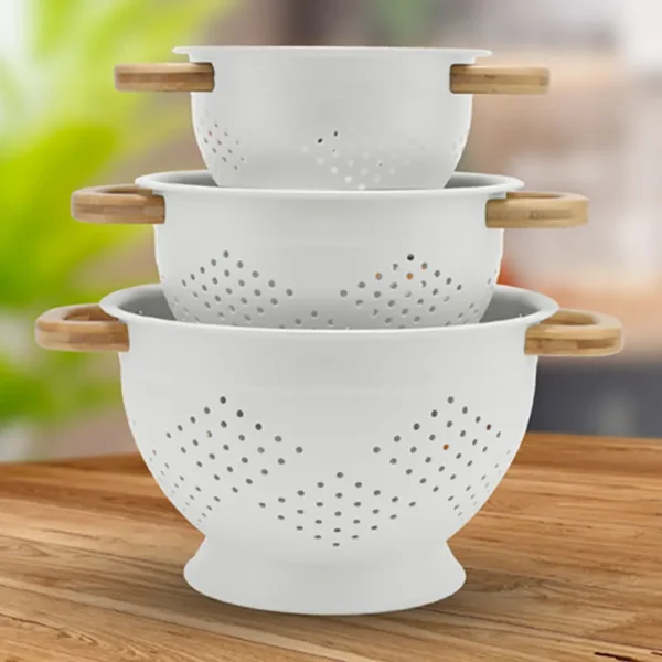 Folding Colander Strainer with wooden handle for kitchen, space-saving and collapsible.