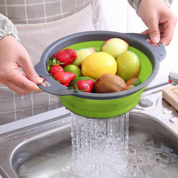 Three-piece set of round, foldable colanders for draining food, vegetables, and fruit in the kitchen - Image 7