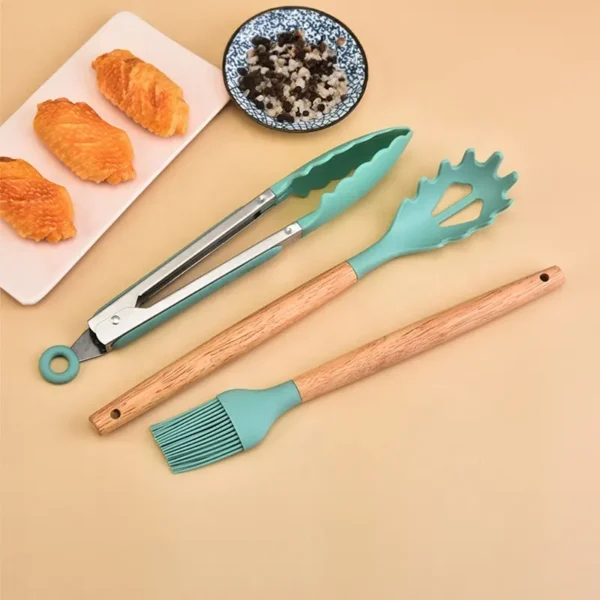 12-piece silicone kitchen utensil set with multiple functions Cooking Utensil Spatula Set with Wooden Handles - Image 6