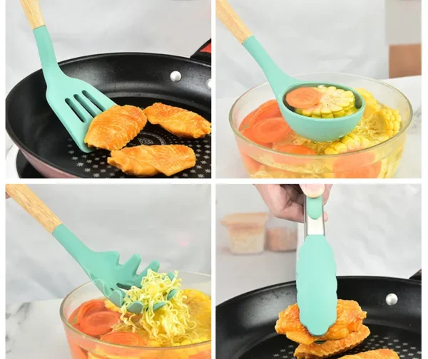 BPA-free nonstick wooden kitchen utensils in a wholesale silicone cooking set with a holder. - Image 3