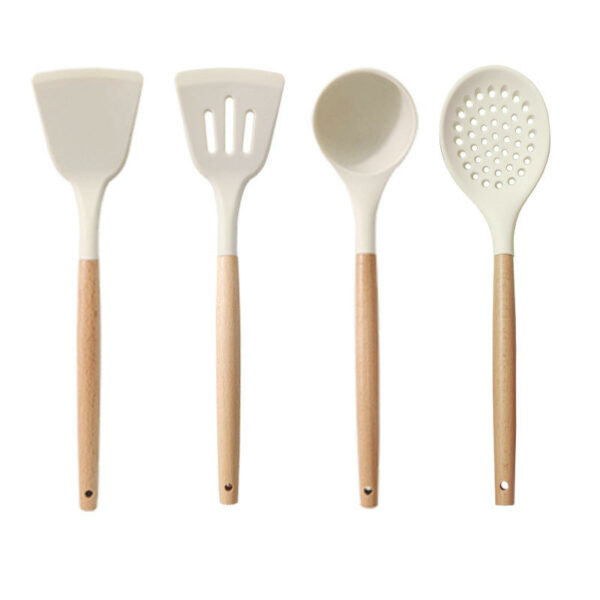 Twelve pieces of silicone kitchen accessories and cooking tools are on sale. Wooden-handled kitchen spatula utensil sets - Image 3