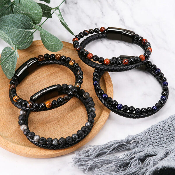 Fresh arrivals Men's hand-woven leather bracelet with natural volcanic stone beads, designed in both European and American styles - Image 8