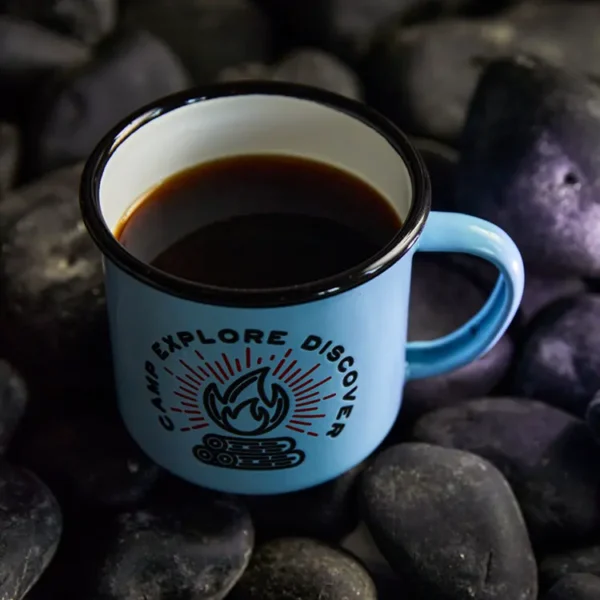 Camp camping mug cup with logo printing made of branded steel, measuring 6cm by 7cm by 7 cm, 8cm by 9cm, 10cm by 12cm.