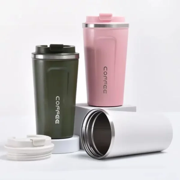 Vacuum-insulated, reusable, double-walled, stainless steel travel mug with 380 and 510 milliliters of eco-friendliness