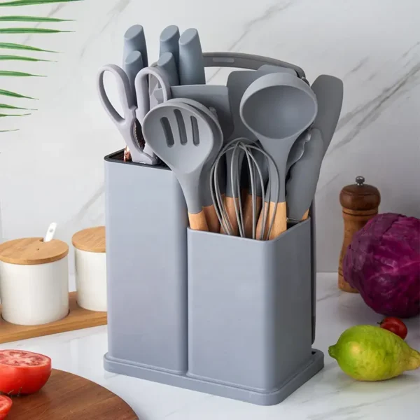 Popular 19-piece Silicone Spatula Ladle Cooking Utensil Set with Holder for Kitchen