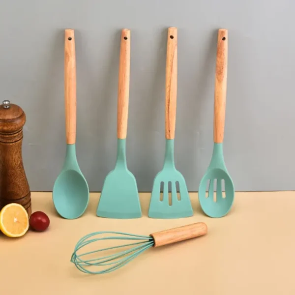 12-piece silicone kitchen utensil set with multiple functions Cooking Utensil Spatula Set with Wooden Handles - Image 7