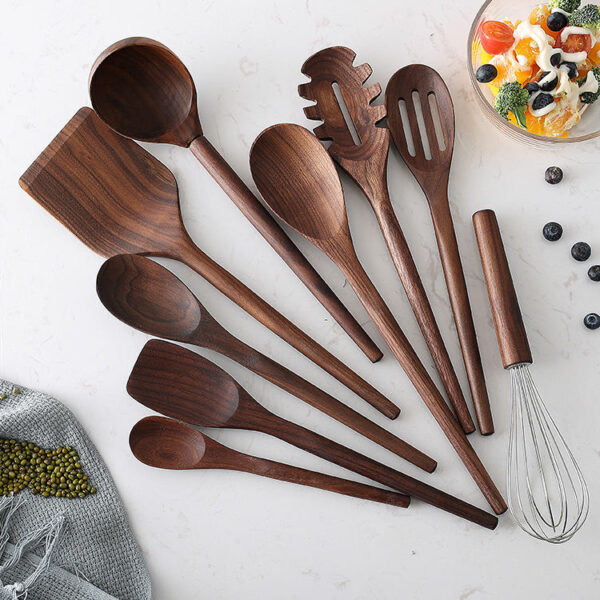 Superior Black Walnut Wooden Cooking Set with Nine Piece Utensils - Image 2