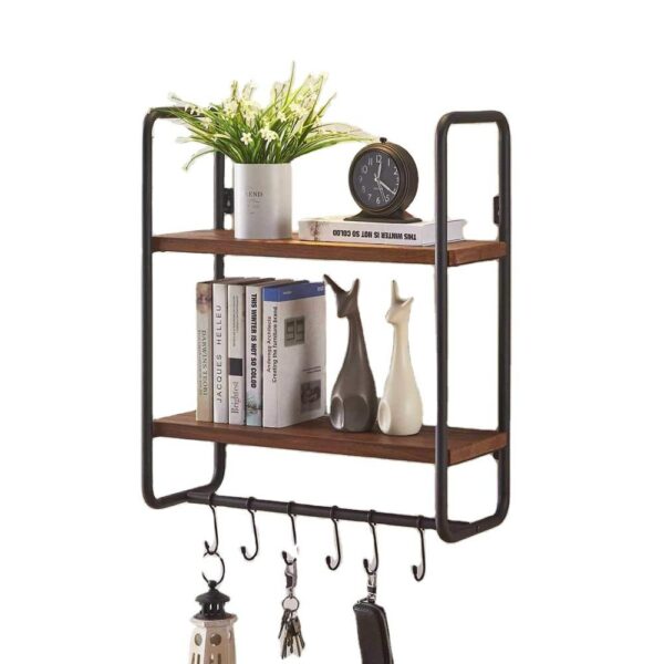 Wall-mounted 2-tier solid wood wall shelf with hooks for use in the kitchen, bathroom, bedroom, and office