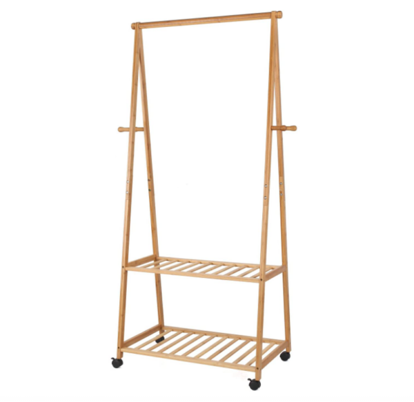 Rolling Garment Rack with Wheels, Two-Tier Shelves for Storage, and Four Coat Hooks Made of Bamboo - Image 2