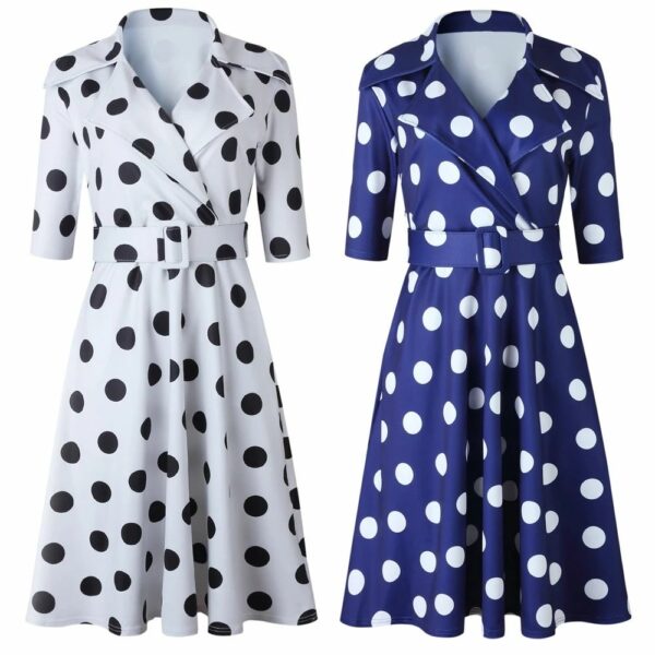 Large lapel women's clothing Polka dot Elegant Tie Waist a-line belted Office Dress Plus Size Woman Dress