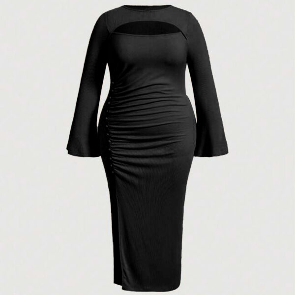 New arrivals stylish casual bodycon long sleeve plus size women's dresses with pleats and a solid hollow out