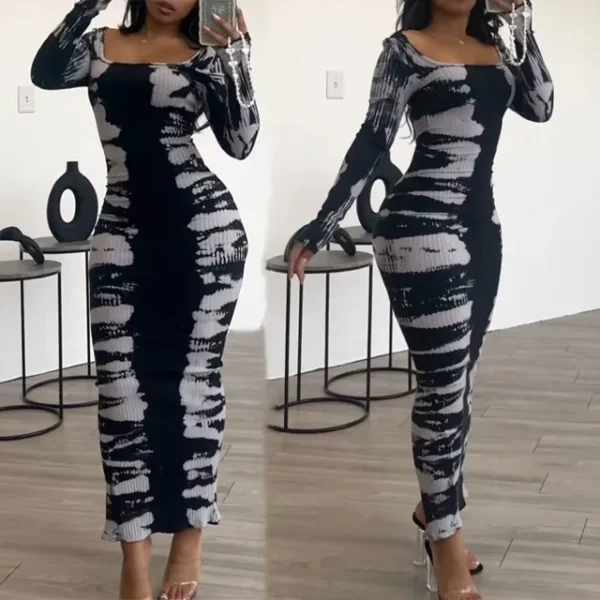 Chic Springtime Women's Apparel Boutique Bodycon Printed Stylish Dresses Long Sleeve Maxi Casual Dresses - Image 2