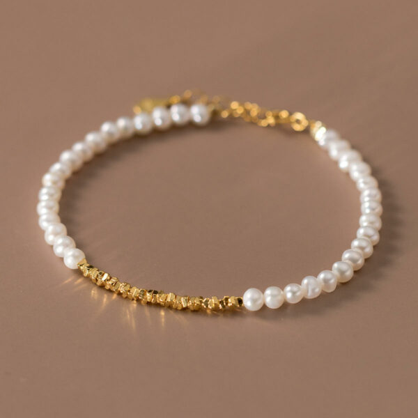 Women's gold-plated bracelets made of geometric small bits of square pieces and natural real pearls set in 925 sterling silver form. - Image 2