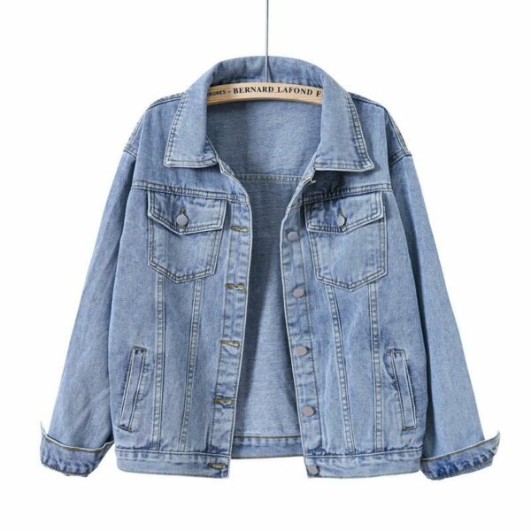 Women's Plus Size Turn Down Collar Pocket Loose Denim Jacket on Sale for Autumn and Spring