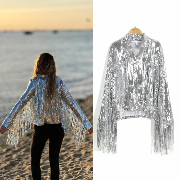 Women's Fashion Tassel Sequin Jacket with Gold Fringes and Black Black Colors for Hip Hop Style