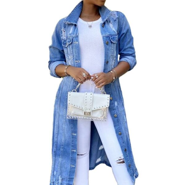 Women's Solid Color Long Denim Trench Coat with Ripped Holes and Tassels - Image 2