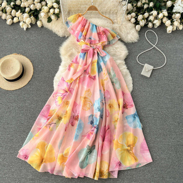 Women's Elegant Summer Casual Dresses Vestidos Women's Irregular Slanted Shoulder Chiffon Floral Long Dress