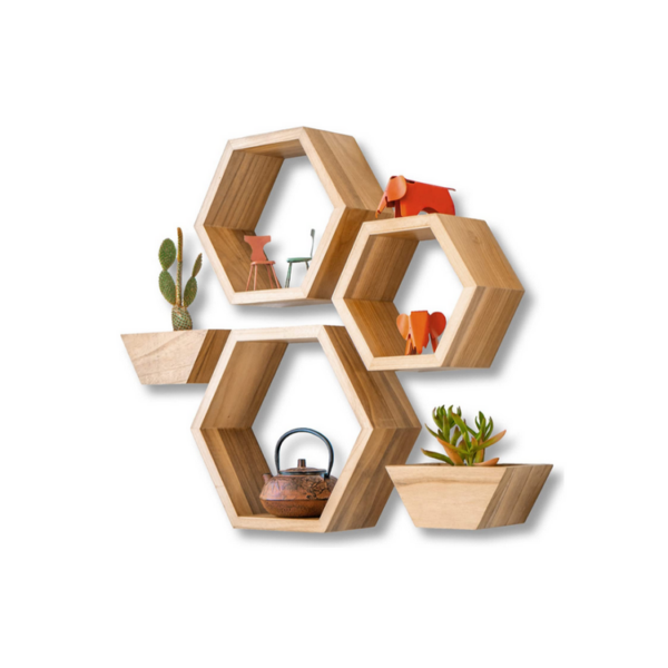 Hexagon Floating Shelves with Honeycomb Decor on Wall for Wooden Plant Pots - Image 2