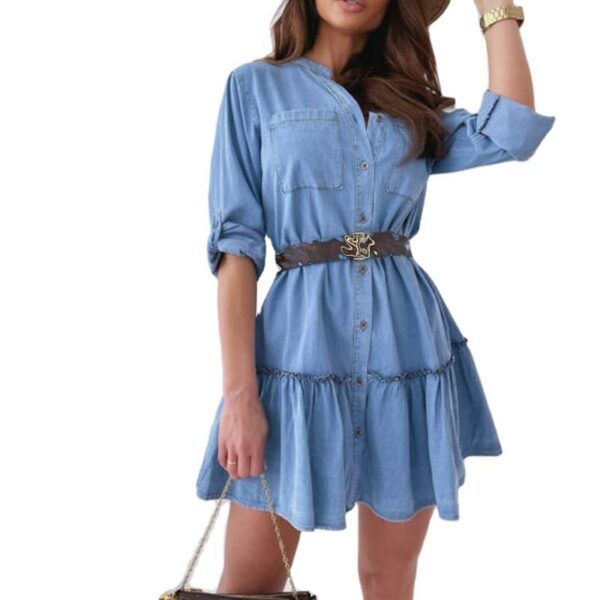 Summer Light Blue Long Sleeve Shirt Dress Office Ladies Casual Loose Streetwear Dress Big Pocket Button Ruffles Solid Dress - Image 2