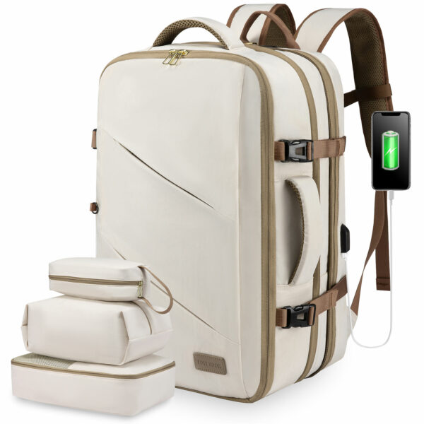 Travel backpack with USB, huge laptop capacity, waterproof, expandable 40L, TSA-approved, and fashionable, available in a set of four.