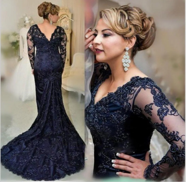 Mother of the Bride dresses with navy blue lace. Wedding guest gowns - Elegant V-neck Long Sleeve Mermaid Mother of the Groom - Image 2