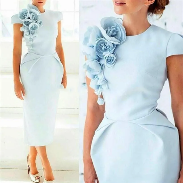 Light Blue Mother of the Bride Gown Cheap Guest Dresses for Weddings Cocktail Gowns with Flower Cap Sleeve Tea-Length Sheath Styles