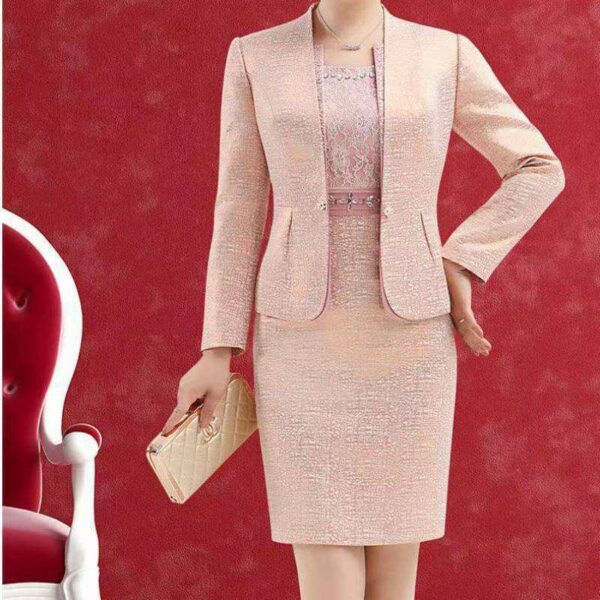 High-quality, formal, two-piece mother-of-the-bride dresses featuring a jacket, knee-length lace beading, and beading.