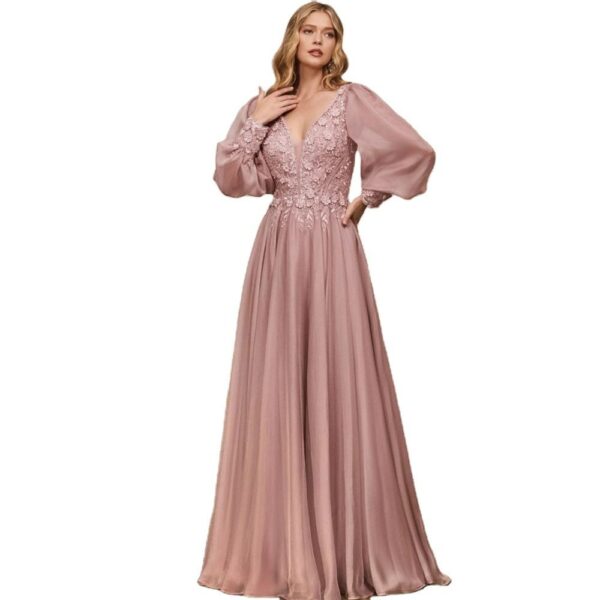 Mother of the Bride Dress Elegant Long Sleeves V-neck Women Short Sleeve Chiffon Wedding Party A-line Long Formal Evening Gown - Image 2