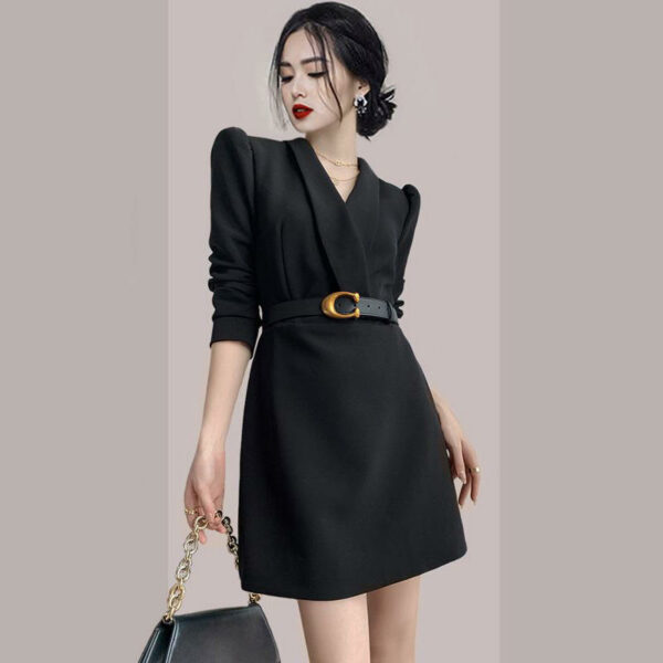 Modern Black Official Turn-Down Collar with V-neck and Belt for Women's Career Office Dresses