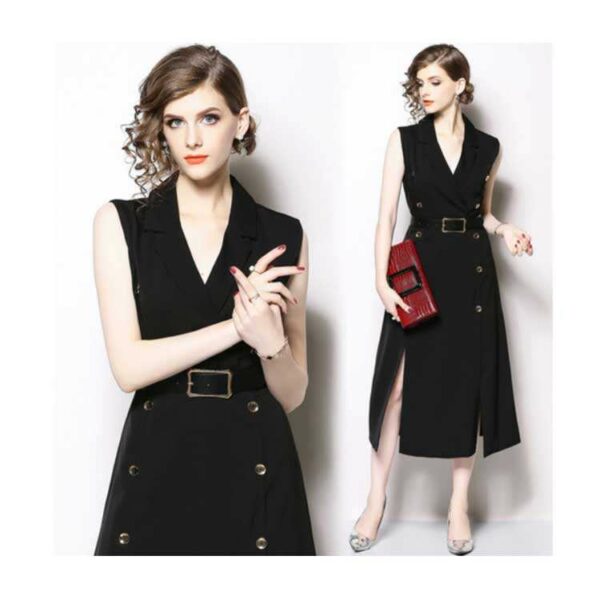 Sleeveless Career Dress for Women in Black Long Casual V-Neck Office Dresses