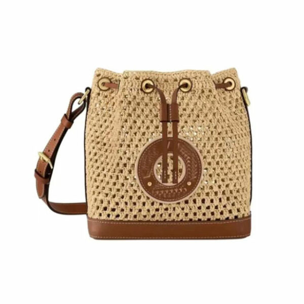 Customized bag with drawstring clasp and BB letter logo Brown and natural colored raffia bucket bag shoulder messenger bag for ladies