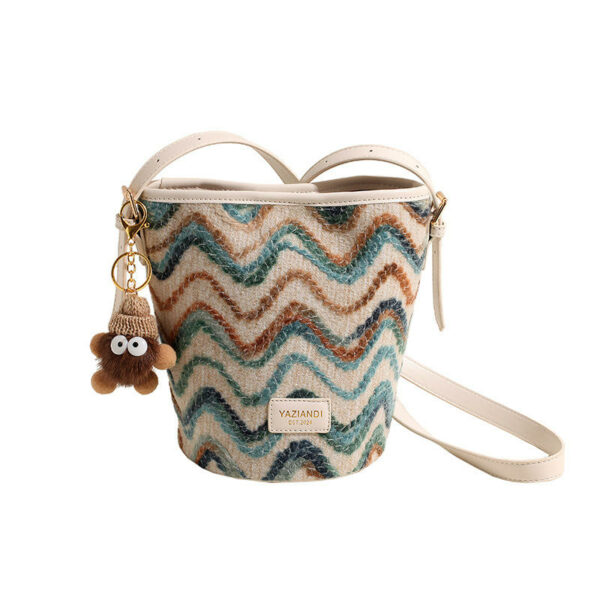 Women's bucket bags with a classic wave pattern and a fleece checkered design, ideal for bohemian styles.