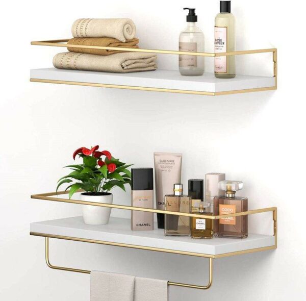 Well-liked Floating Shelves for Decoration Two hanging wall shelves with a golden towel rack that double as decorative storage shelves - Image 2