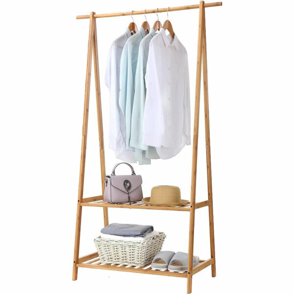 Extra Large Foldable Bamboo Coat Stand for Bedroom and Entryway with Two-Tire Storage Box Shelves