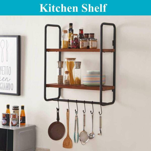 Wall-mounted 2-tier solid wood wall shelf with hooks for use in the kitchen, bathroom, bedroom, and office - Image 3