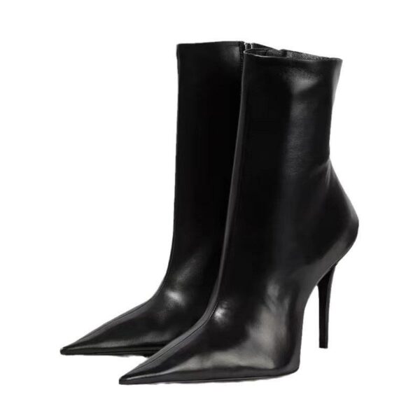 Custom Low MOQ Black Leather Ankle & Bootie Boots with High Top Heel and Big Size Pointy Toe Thin Heel for Ladies - Image 3