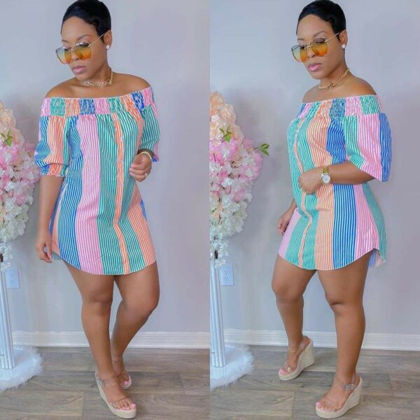 Women's Off Shoulder Short Sleeve Summer Dress with Striped Print and Contrast Color for Summer Casual Wear - Image 2