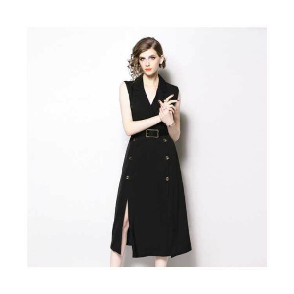 Sleeveless Career Dress for Women in Black Long Casual V-Neck Office Dresses - Image 3