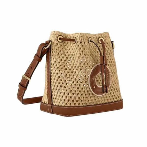 Customized bag with drawstring clasp and BB letter logo Brown and natural colored raffia bucket bag shoulder messenger bag for ladies - Image 3